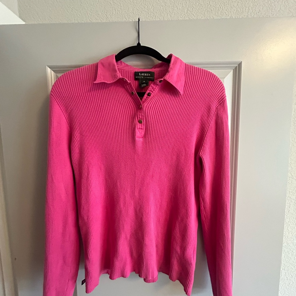 Lauren Ralph Lauren Pink Ribbed Women's Collared Long Sleeve Top